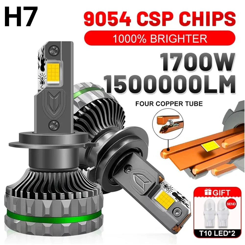 

1700W H7 LED 1500000LM Headlight Canbus 4 Copper Tube H1 H4 H11 9012 HIR2 9005 9006 HB3 HB4 High Power 6000K 24PC 9054 CSP Chips