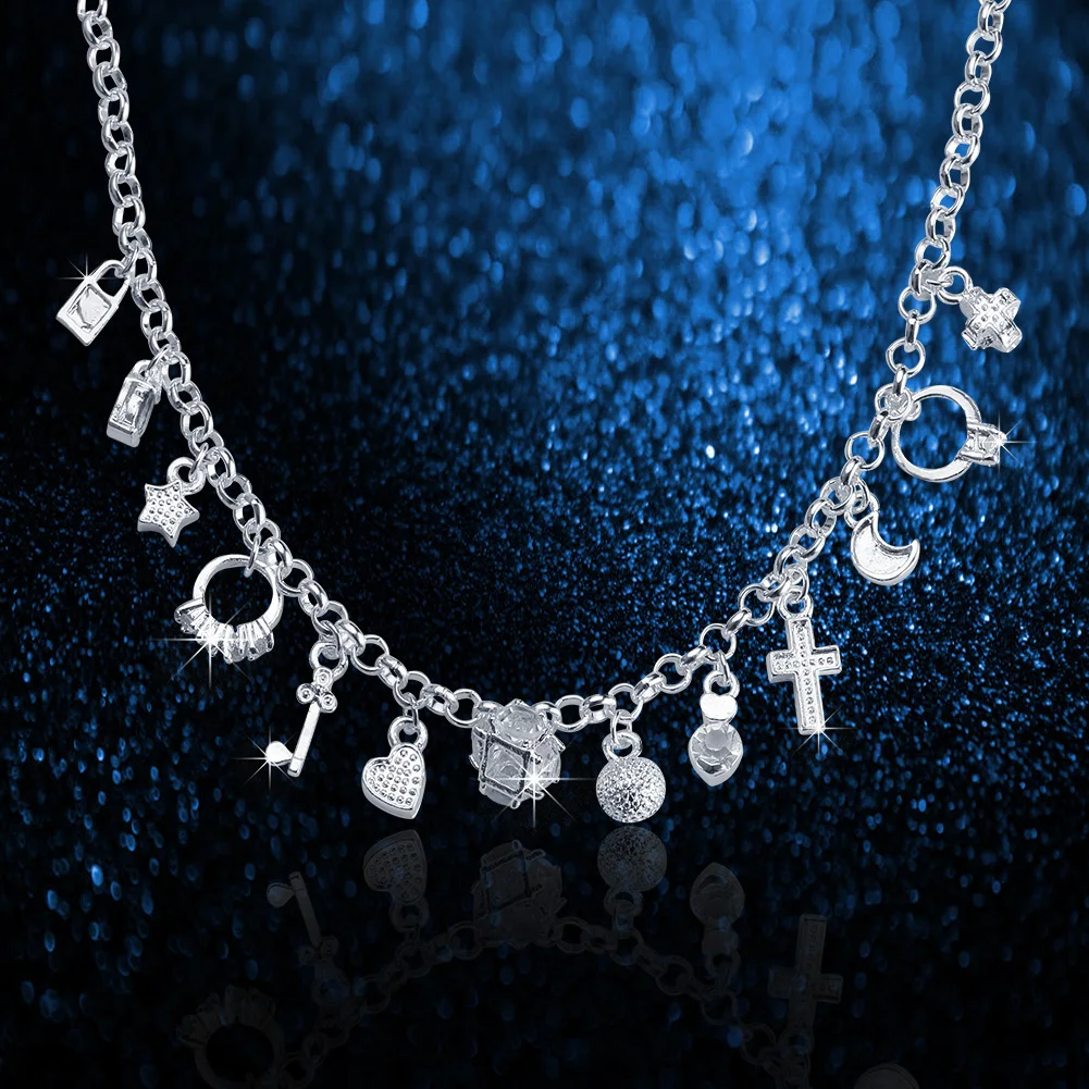 Popular Brands 925 sterling Silver classic Chain Necklace Pendant Multi-Element for women Fashion Cross/Moon/Stars/Lock jewelry