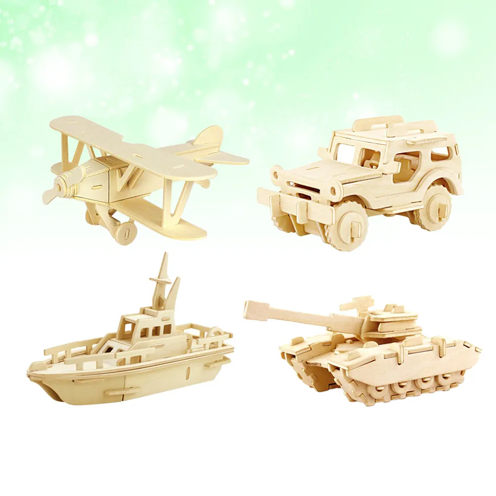 4Pcs Wood 3D Puzzle Set Creative Educational Jigsaw Tank Armored Vehicle Decoration for Adults Kids