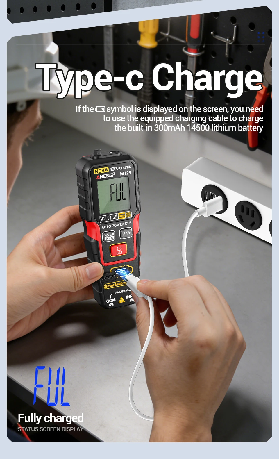 ANENG M129 Wiederaufladbares Digitales Multimeter 4000 Anzeigen NCV AC DC Spannungs- und Widerstandsmessgerät mit Taschenlampe und Auto-Range-Funktion – Detail 7