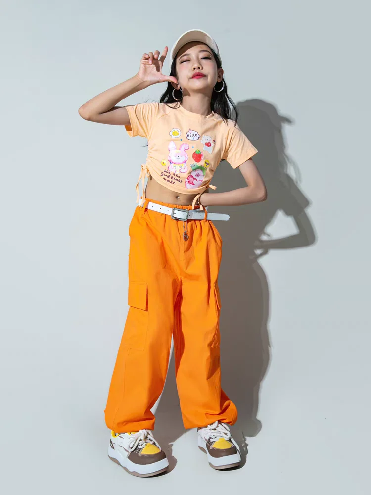 Hip Hop Girls t-shirt Street Dance Solid Cargo Pants Child Candy Color Streetwear Crop Top Clothes Set Kids Sweet Jazz Costumes