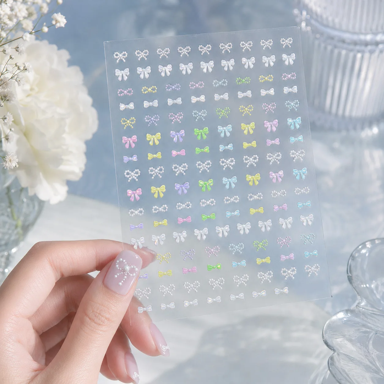 Pearl Bow 5D Nail Art Stickers Multicolor Bow Pearl Chain Macaron French Bowknot Self Adhesive Decal Manicure Nail Decor DIY