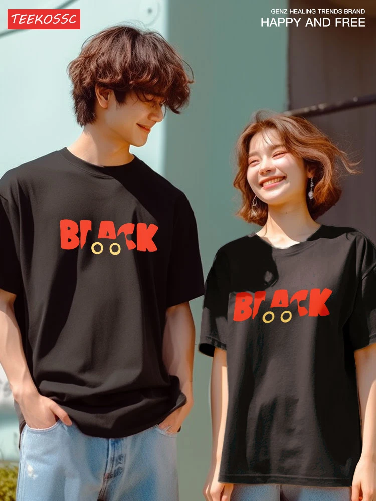 BLACK Cat Fashion Brand Pure Cotton Loose Summer Short Sleeved T-shirt Male Women Students Street Black Cat Couple Street Tees