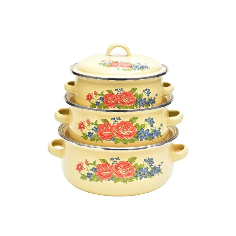 

Enamel Casserole Round Camping Pot 3pcs Cookware Set Non-stick Cast Iron Cooking Pot Kitchen Usage Cooking