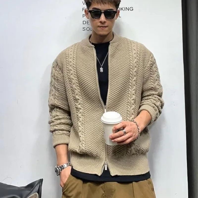 Men Cardigan Solid Warm Knitting Round Neck Blocking Outer Clothing Retro Streetwear Daily Korean Style Double Zippers Sweaters