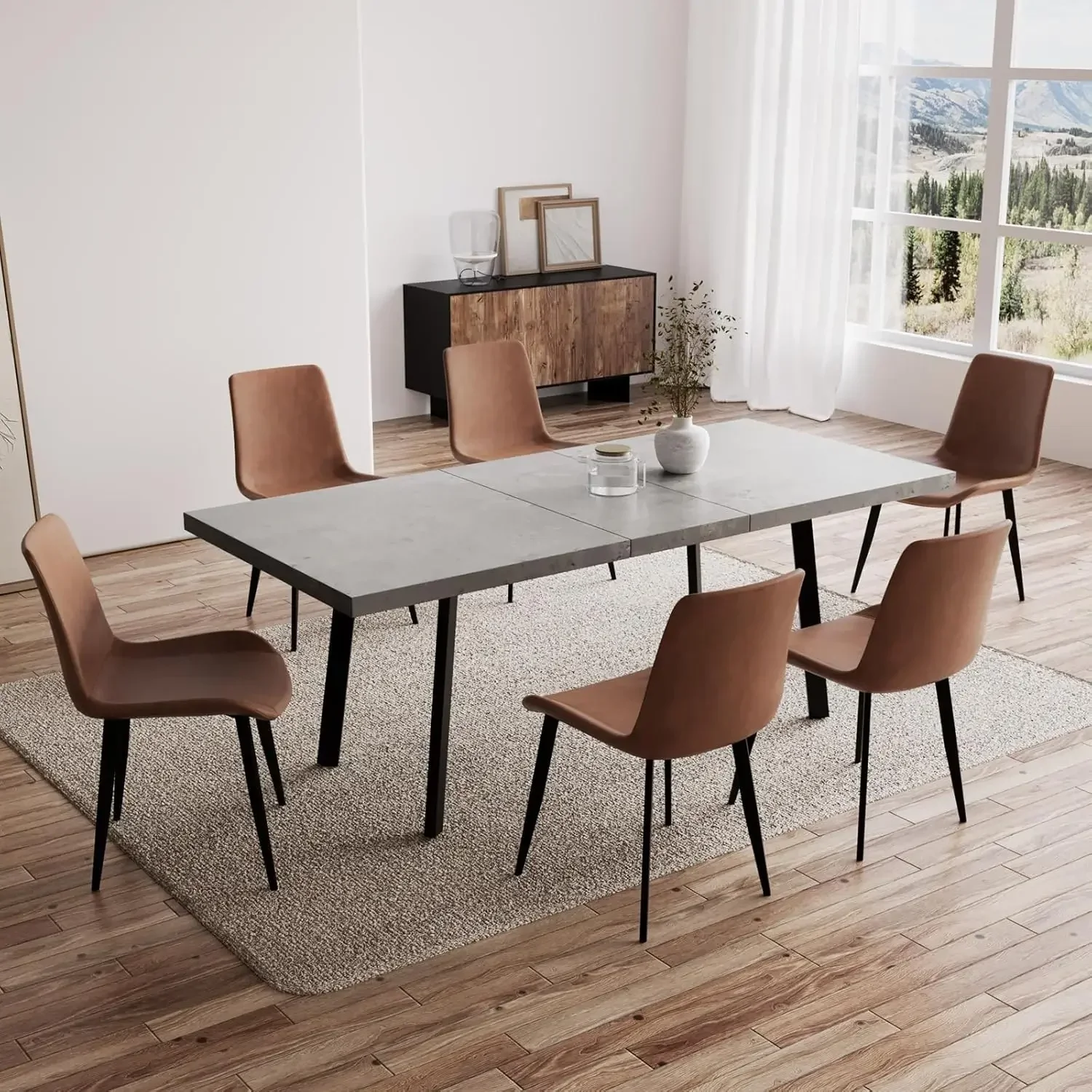 7 Piece Dining Table Set, 62 Inch Modern Kitchen Table with 6 Dining Chairs for 4-6 Person, Expandable MDF Dining Table