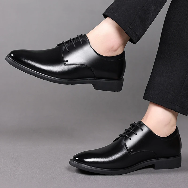 

Mens Glossy Surface Black Genuine Leather Pointed Toe Lace Up Formal Business Office Groom Wedding Daily Wear Dress Shoes Simple