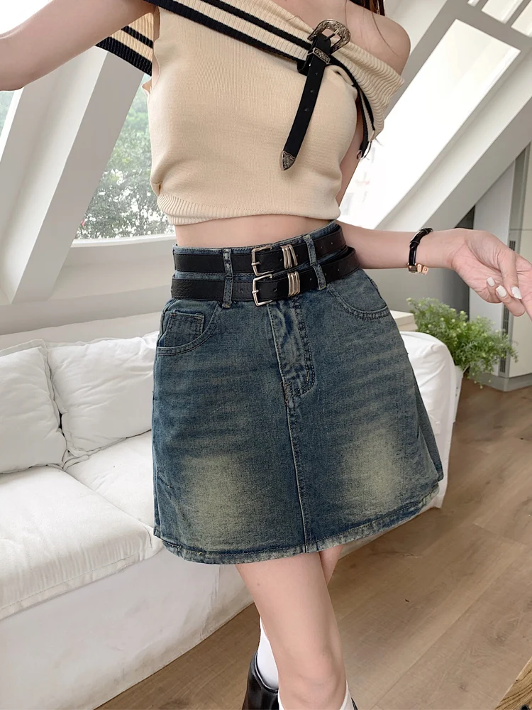Jupe trapèze taille haute avec fente pour femmes, jupes en Denim moulantes, style coréen, bouton de trajet, fermeture éclair