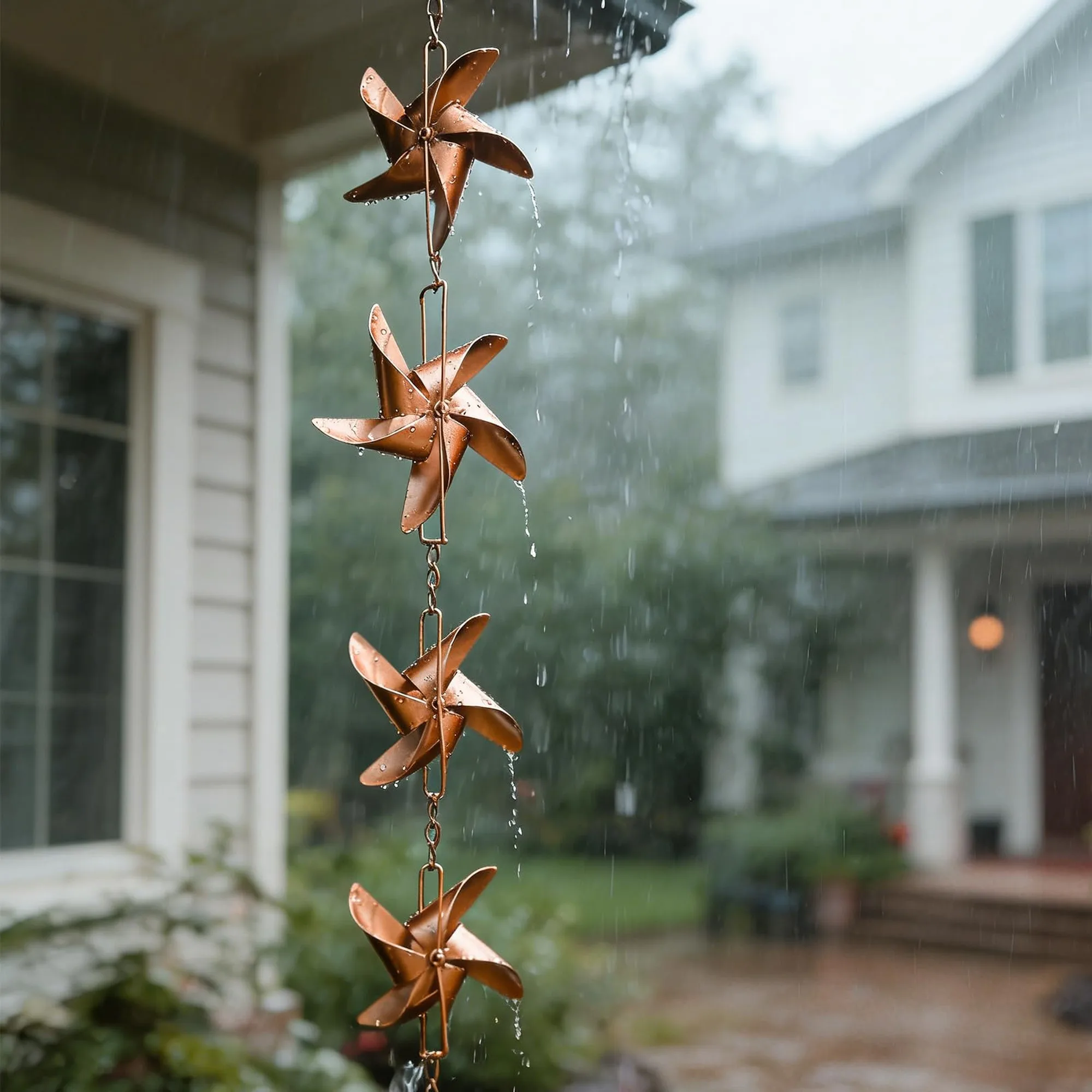6 ft Adjustable 6-Cup Windmill Metal Rain Chain, Durable Decorative Downspout Replacement for Outdoor Eave Drainage