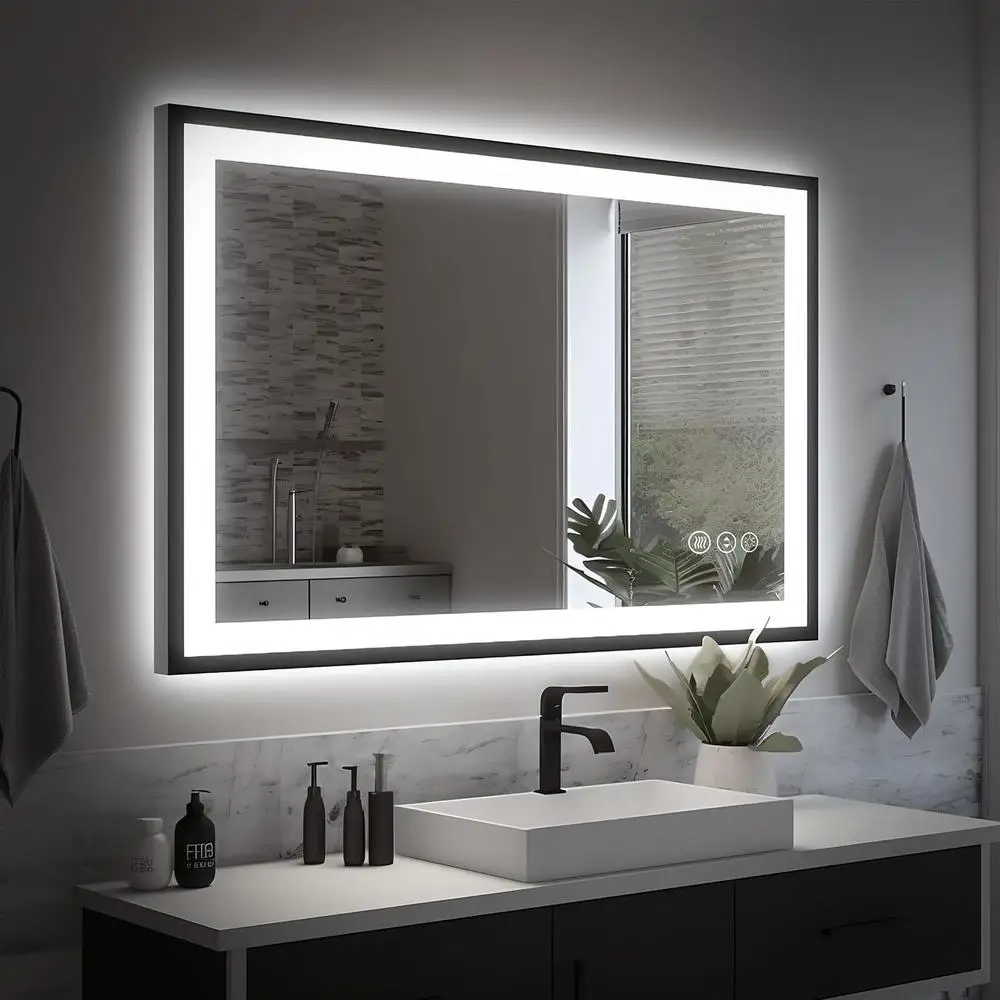 LED Bathroom Mirror Front/Backlit Anti-Fog Vanity Mirror Stepless Dimmable Space Black Aluminum Frame Touch Sensor Memory