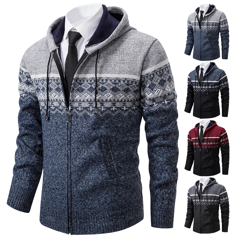 Warm men\'s jackets in autumn and winter men\'s Korean version of hooded men\'s knitted cardigan plus velvet padded jacket