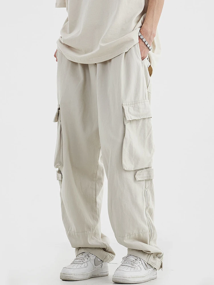 

HOUZHOU White Cargo Pants for Men Hip Hop White Cargo Trousers Male Vintage Japanese Streetwear Casual Safari Style Pocket Zip