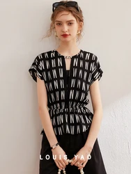 LOUIS YAO Women Shirt Office Lady Contrast Color Print Letter Fake Two Pieces O Neck Short Sleeve Blouses Top