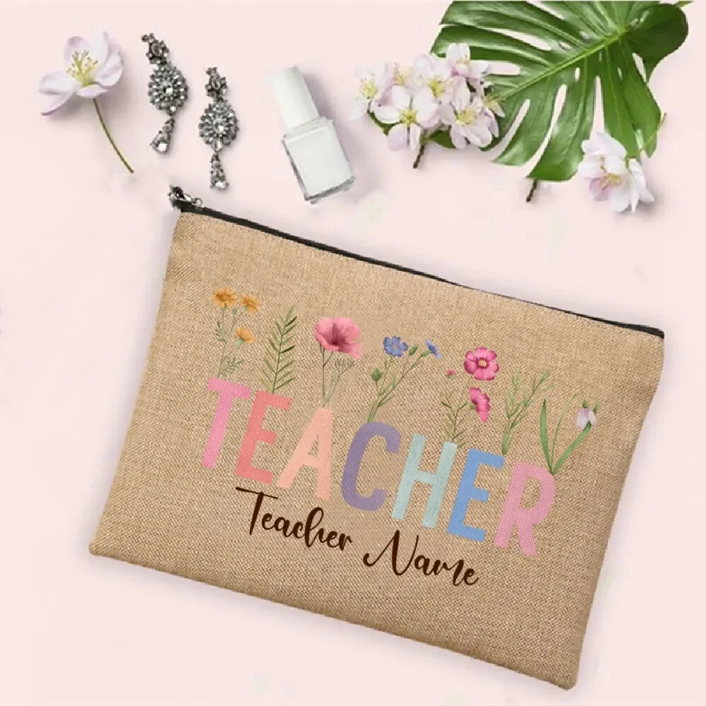 Personalized Customized Name Linen Makeup Bag Teacher's Day Gift Bridesmaid Wedding Makeup Box Women's Travel Toilet Wash Wallet