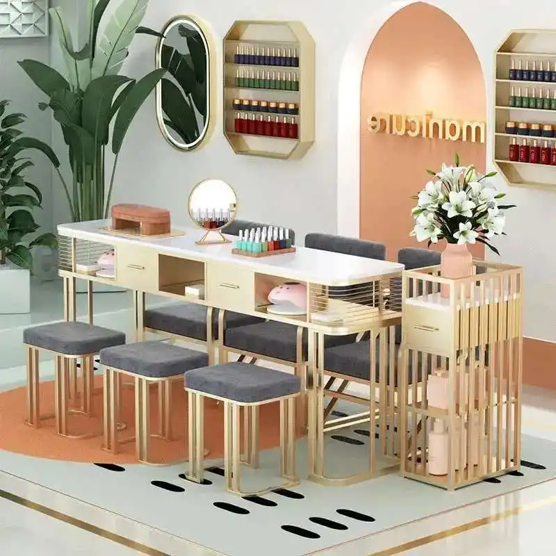 

Italian Light Luxury Glass Nail Tables Gold with Drawer Manicure Tables Modern Salon Furniture Beauty Salon Table and Chair Set