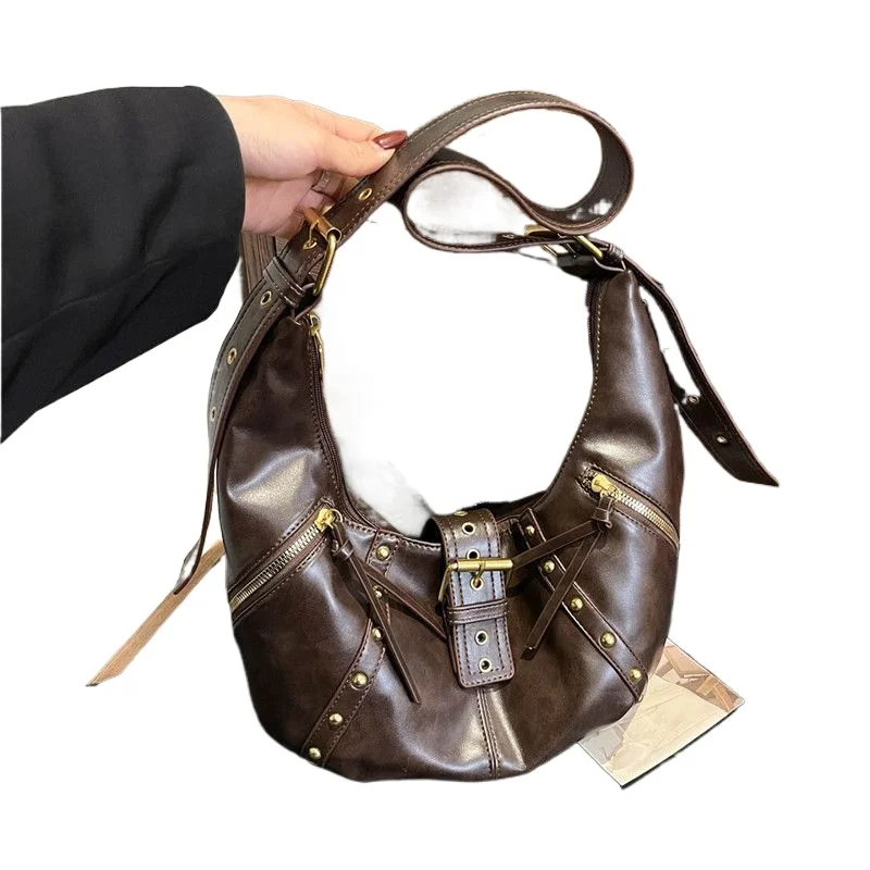 

Trendy Cool Locomotive Style Soft Leather Shoulder New High Value Retro Fashion Versatile Hot Girl Underarm Bag Woman Handbags