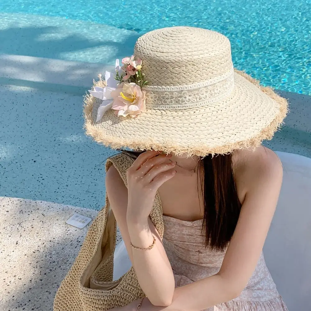 

Sweet Tassel Edge Lace Flower Straw Hat Wide Brim Boho Weave Flat Cap French Style Korean Style Beach Hat Girls