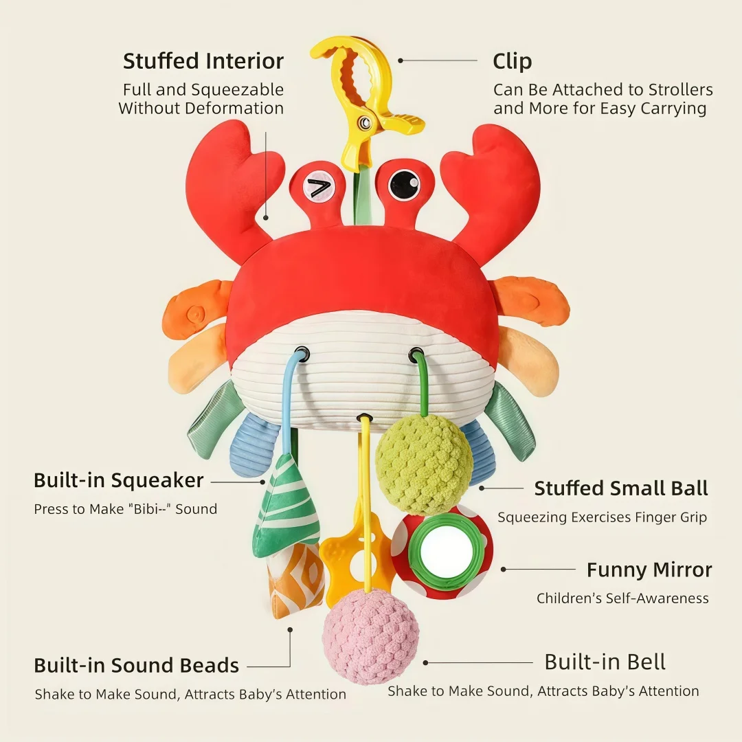 Newborn Crab Pull String Stroller Toy 0+ Months Baby Plush Hanging Rattle Crinkle Teether Sensory Montessori Toy