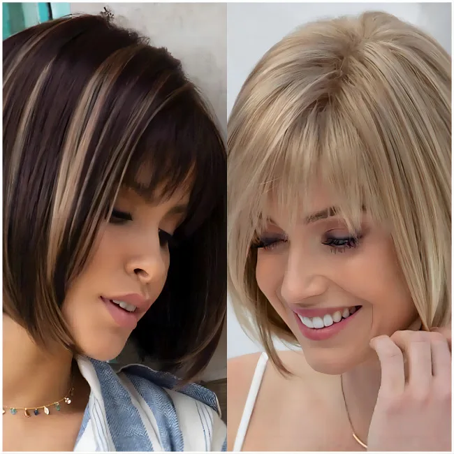 

European and American wig women's short straight hair blond bobo head oblique bangs chemical fiber wig headgear