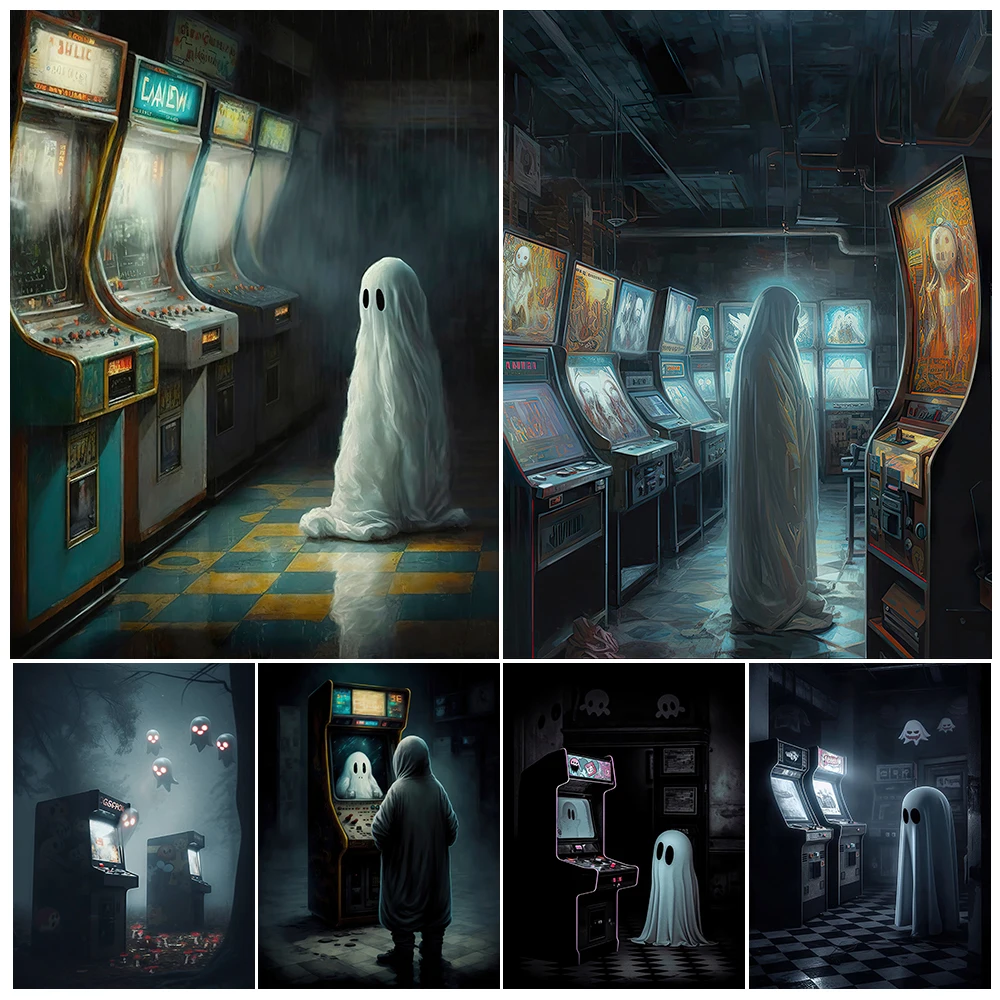 Spooky Victorian Gothic Ghost And Arcade Vintage Wall Art Canvas Painting Video Game And Ghost Art Poster Print Home Decoration