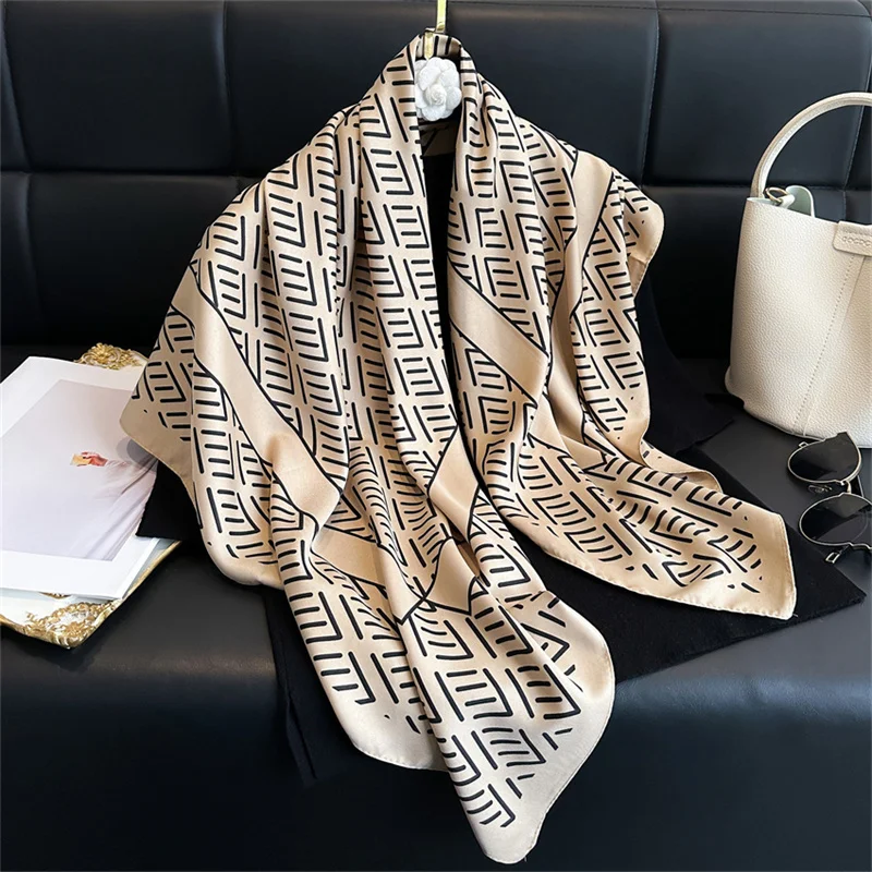 French Light Luxury Letter Print Silk Scarf 90cm Twill Scarf Advanced Simple Large Square Scarf Sunscreen Shawl Headscarf Female