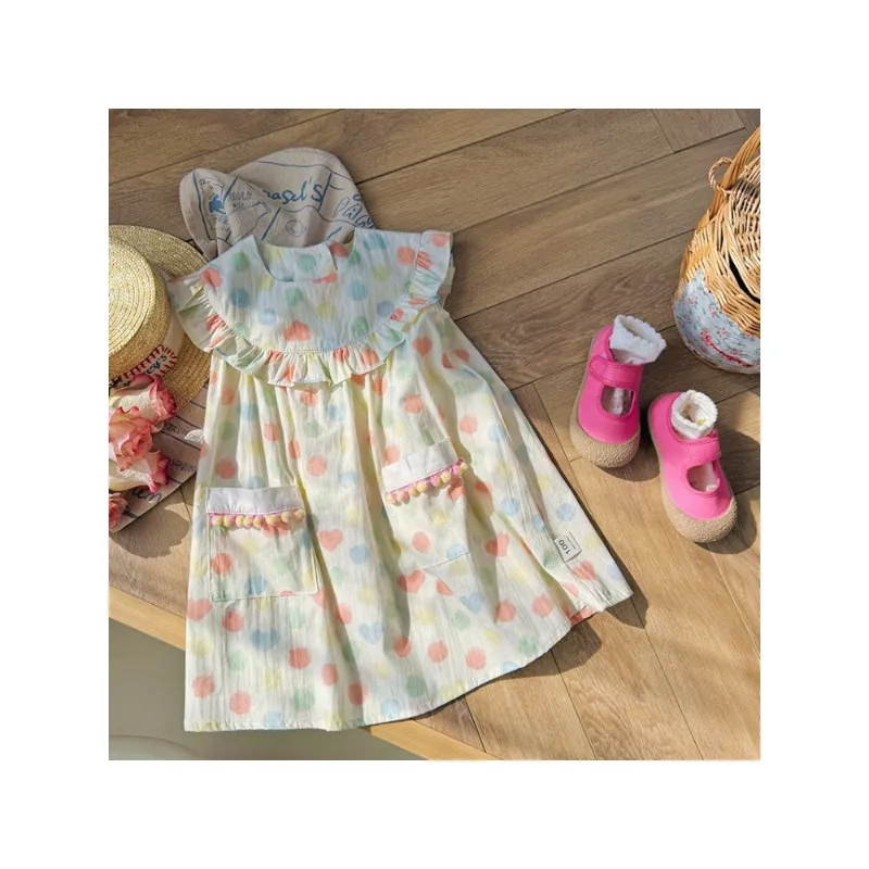 

Girls Dress 2024 Autumn New Fashionable Cute Children's Colourful Polka Dot Korean Lotus Leaf Doll Collar Children's Dresses