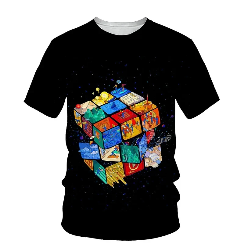 2023 New Men's Short Sleeve Melting Rubik's Cube Fashion New Clothes Printed Trendy T-shirt Street Fashion Elements Plus Size Ro