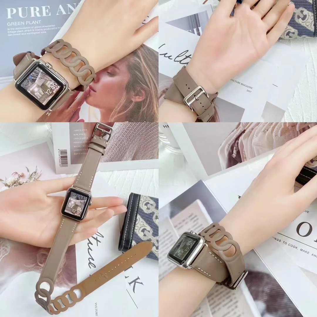 Leather Strap for Apple Watch Band 7 45mm 41mm Double Loop Circle Bracelet Wristband for iWatch 8 7 6 5 4 SE 44mm 42mm 40mm 38mm