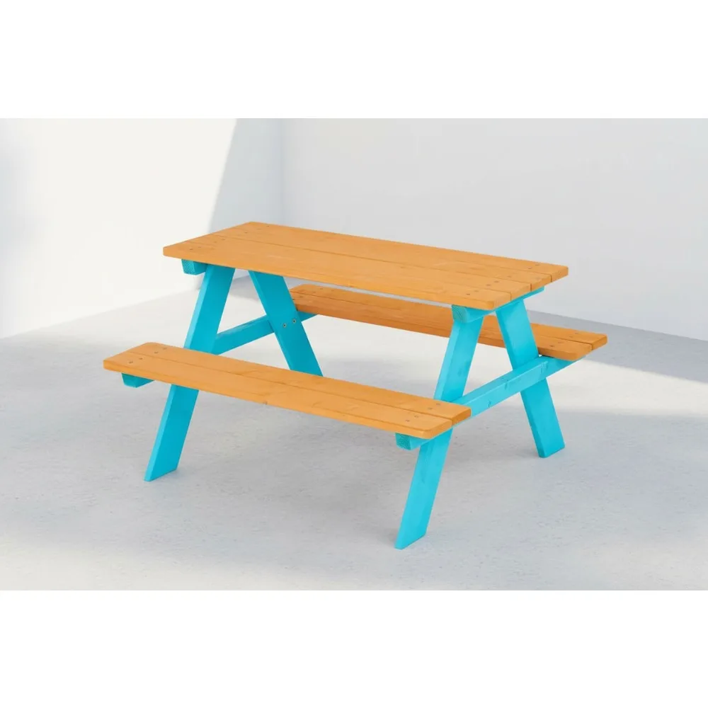 مجموعة طاولات ومقاعد خشبية للنزهات الخارجية للأطفال - خشب الصنوبر المتين، لون مائي، أثاث لعب متعدد الأغراض