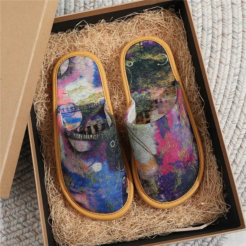 

Домашние тканевые тапочки для двора для мужчин и женщин, летние модные резиновые тапочки с принтом на мягкой подошве, износостойкие, противоскользящие, для пар