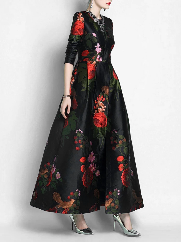 Good Quality Brocade Women Long Trench Coat Jacket Gorgeous Maxi Autumn Winter Overcoat Floral Fashion Outfit Party Clothes