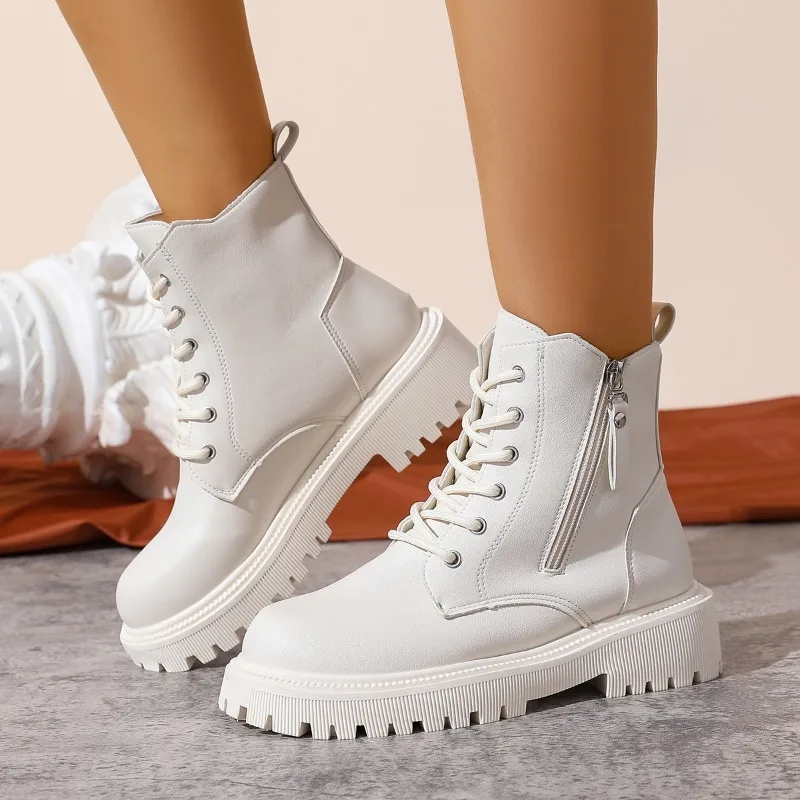 

2025 зимние теплые короткие плюшевые ботильоны, женские модные удобные ботинки на платформе со шнуровкой и молнией, женские удобные кожаные ботинки на низком каблуке