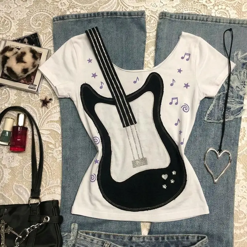 American Retro T-shirt White Guitar Print Music Note Star Short Sleeve Slim Fit Rhinestone Detail Women Wear Street Style Trendy