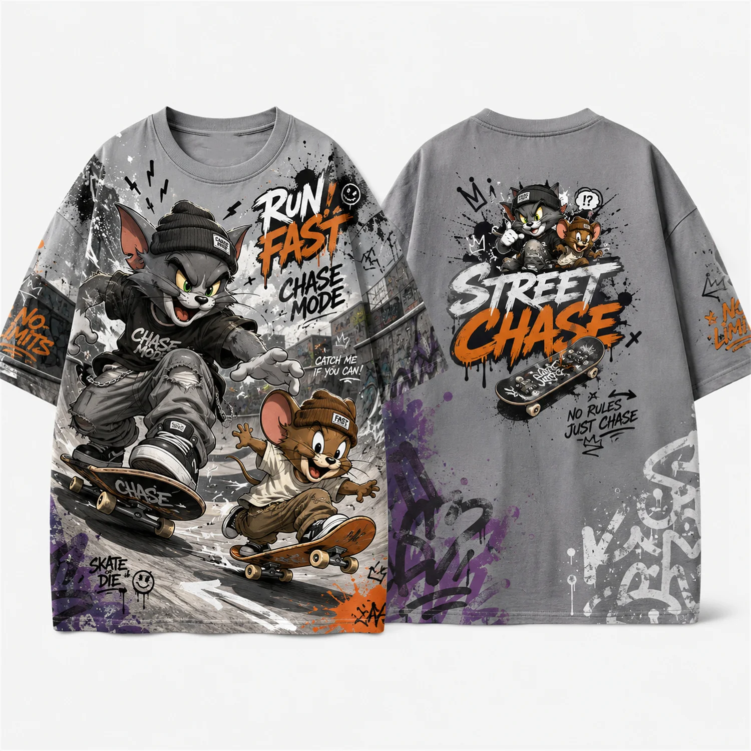 Skateboard Tom And Jerry Graffiti Print Loose Short Sleeve T Shirt For Men Women Fans Soft Cotton Street Hip Hop Casual Daily We view 2