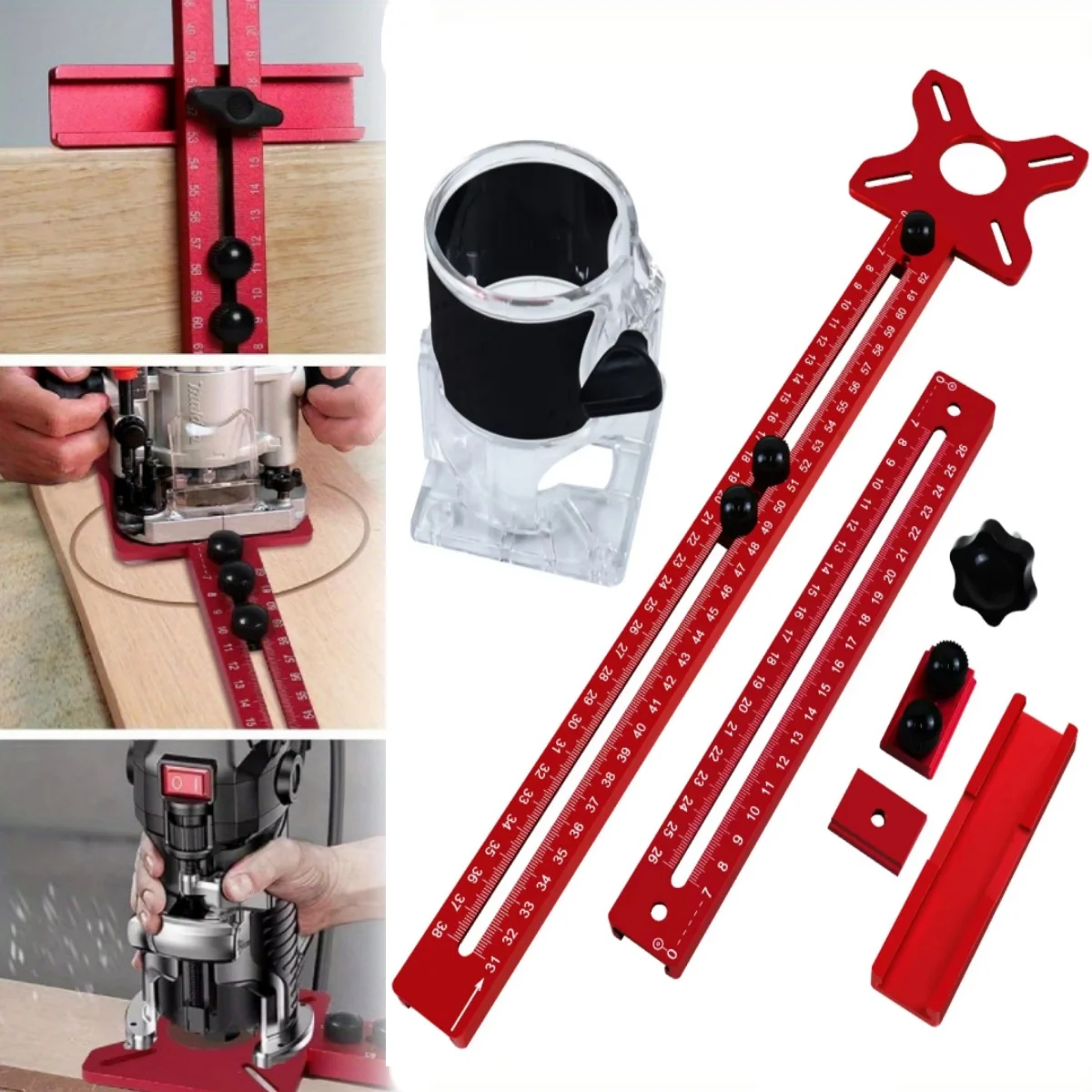 3‑in‑1 Adjustable Aluminum Guide Jig, Multifunctional Woodworking Locator for Circle Cutting & Cabinet Hardware Installation