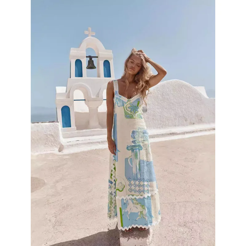 

2025 fashion linen printed sexy backless bow lace up V collar WOMEN'S dress C001