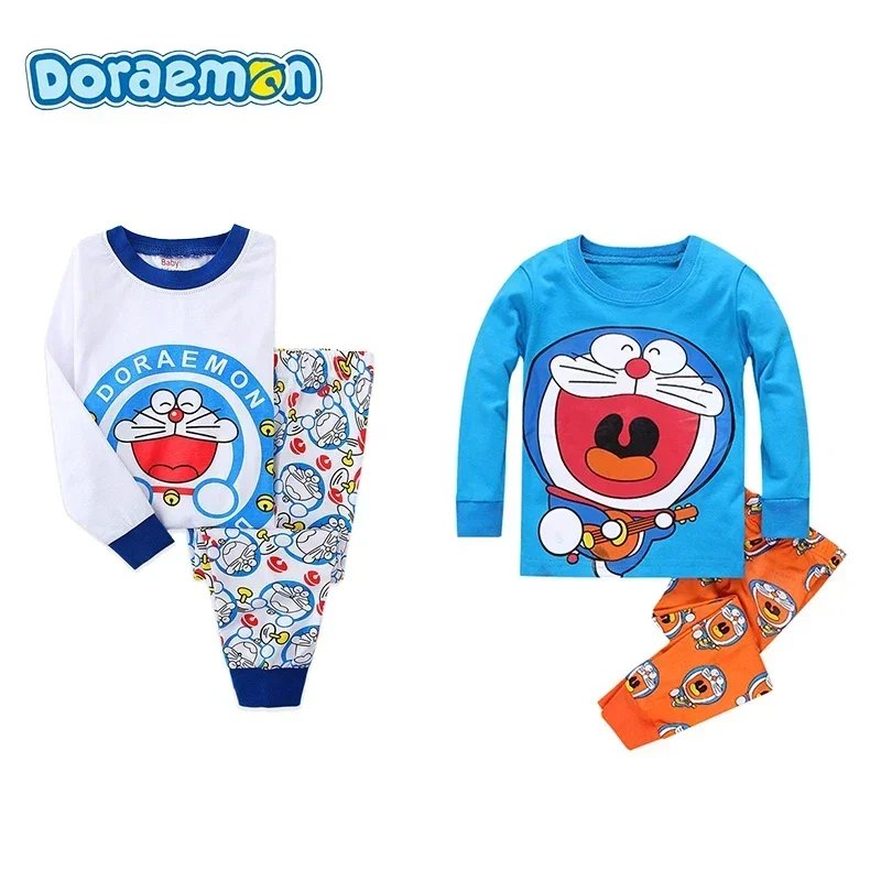 Doraemon Kids Boys Girls Pajamas Sets Cartoon Casual Long Sleeve Kawaii T-Shirt Tops with Pants Toddler Baby Sleepwear Clothes