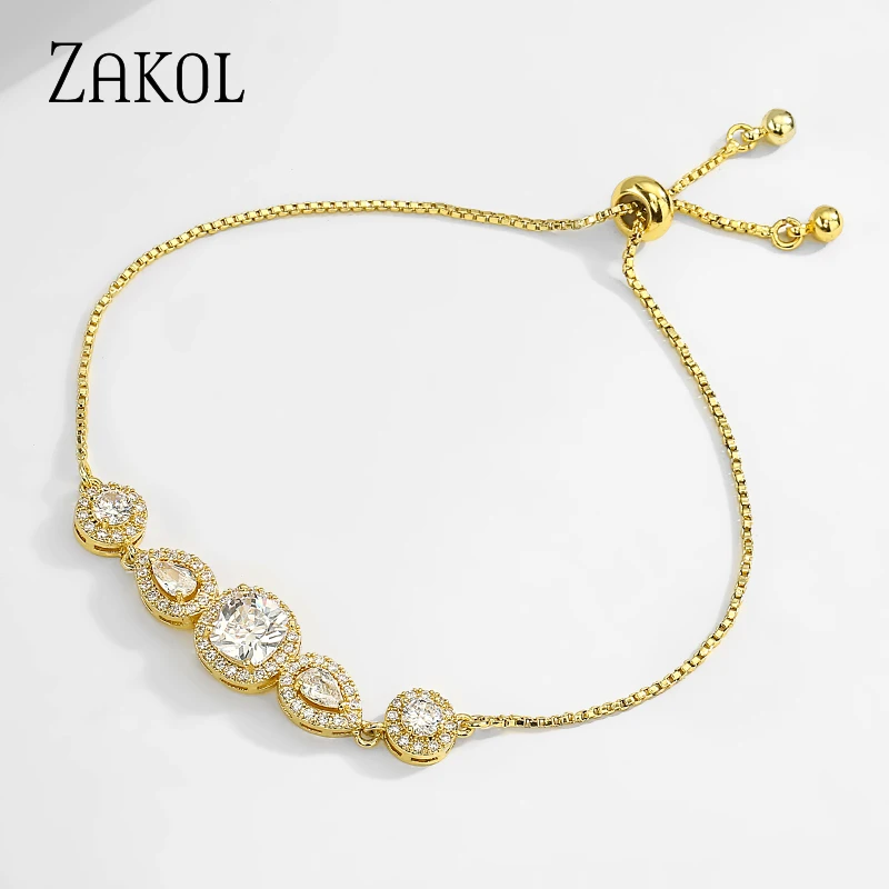 ZAKOL Luxury Water Drop Squre Cubic Zirconia Crystal Adjustable Bracele & Bangle for Women Fashion Bridal CZ Wedding Jewelry