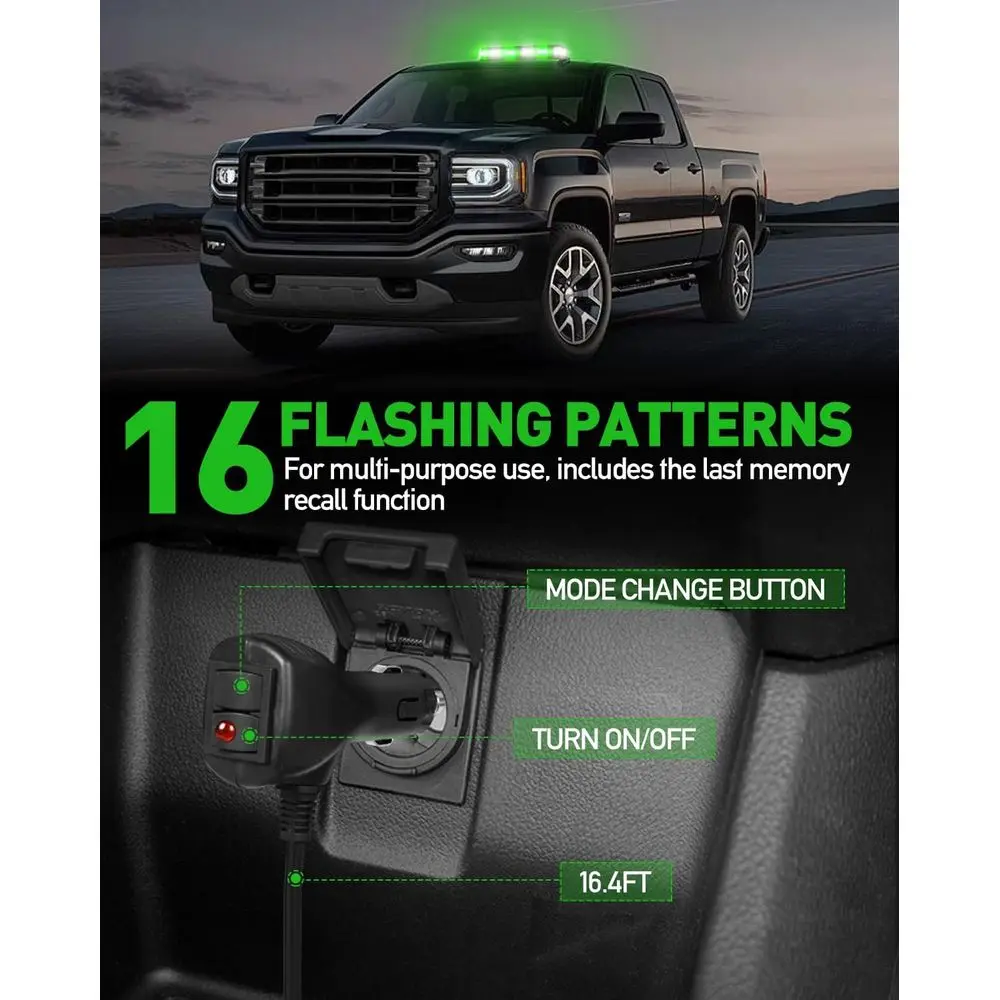 Not-Blitzlichtleiste, 102 LEDs, grün/weiß, Mini-Leuchtfeuer, Magnetfuß für 12–24 V-Fahrzeuge