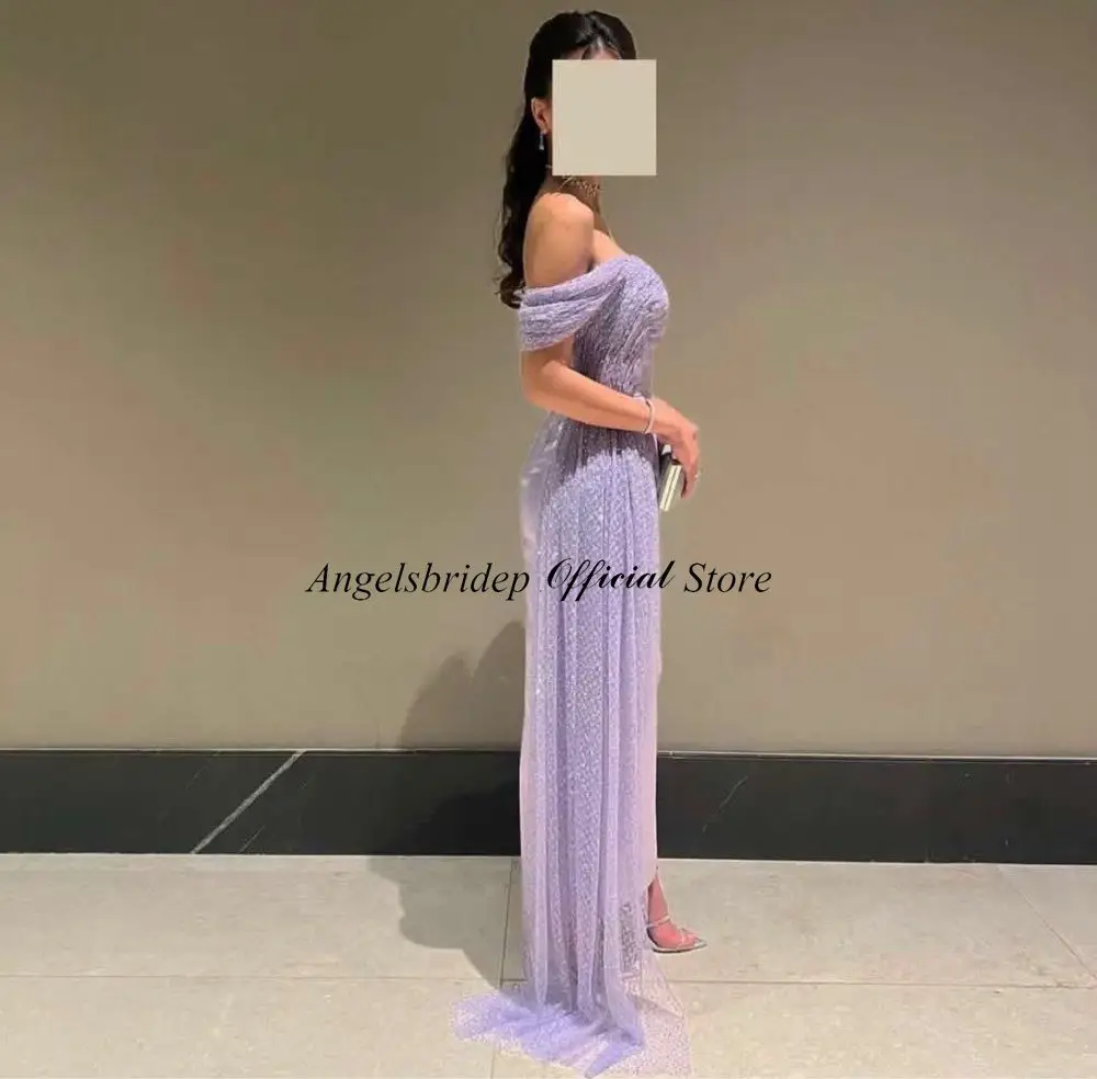 

Angelsbridep Lilac Satin Off The Shoulder With Dotted Mermaid Evening Dresses Tulle Prom Party Beauty Pageant Dresses Back Split