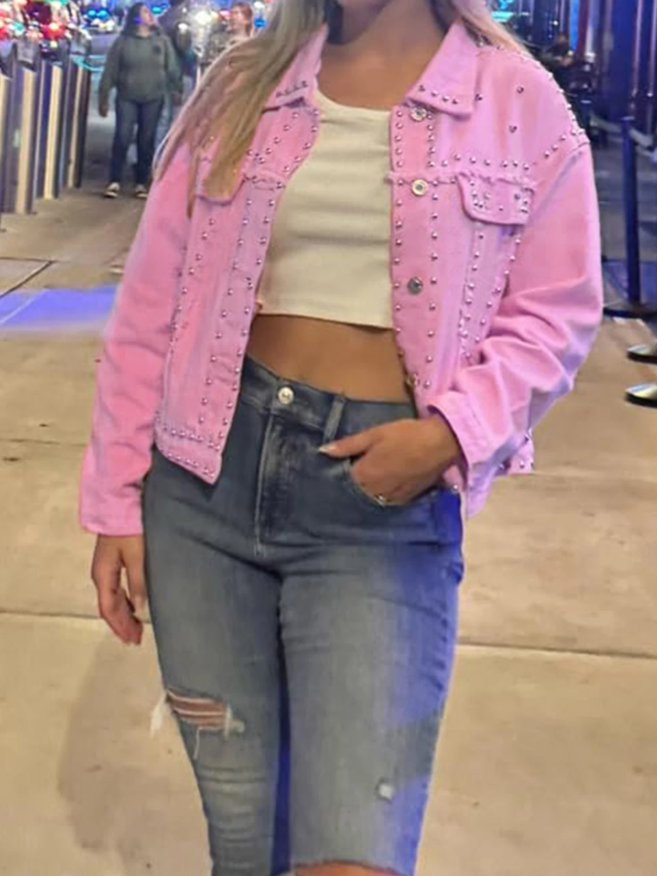 プラスサイズ レディース ルーズ ロカビリー デニムジャケット スタッズ付き ウォッシュドスタイル レディース オーバーサイズ ジーンズジャケット