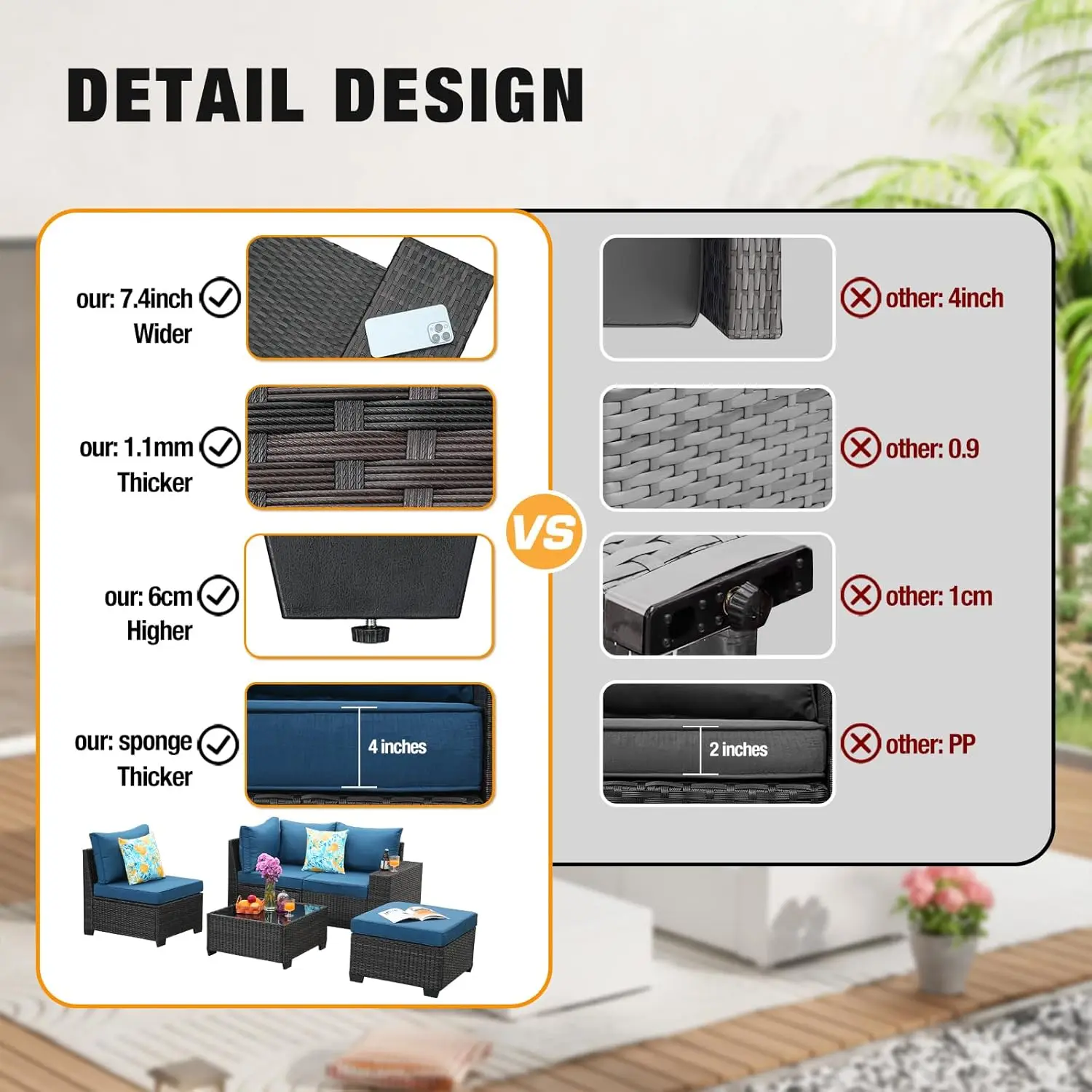 5 Stück Terrassen möbel Set Korb weide Gesprächs sofa Rattan Terrasse Sitzsofa mit Kissen und Glas tisch