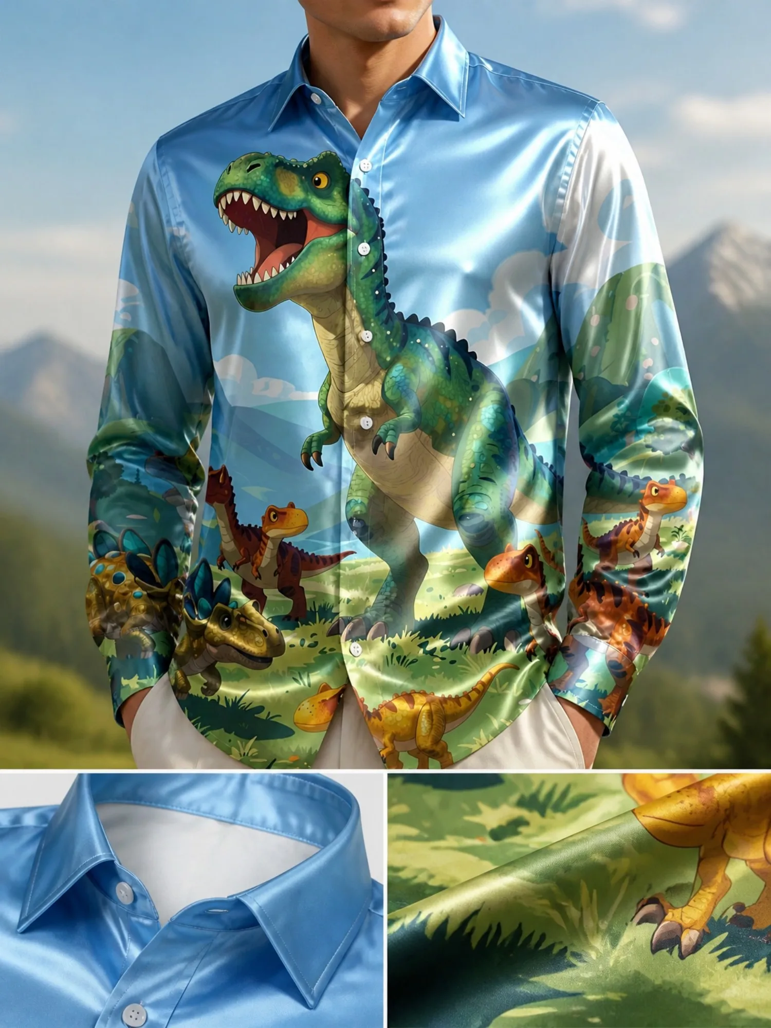Resort Shirt Floral - Mens Fashion Satin Long Sleeve Button