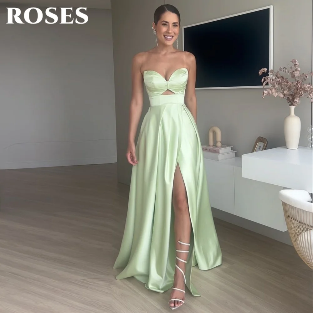 

ROSES Green Elegant Prom Dress Sweetheart Backless Prom Gown Satin Side High Split Ball Gown for Woman robe de bal Customized