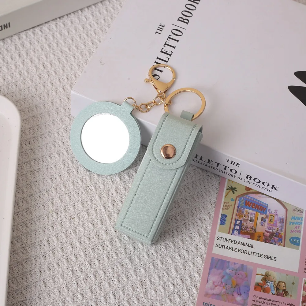 Portable PU Leather Lipstick Box, Key Chain, Detachable Mini Round Mirror, Snap on Lipstick Protective Case, Hanging Decoration view 2