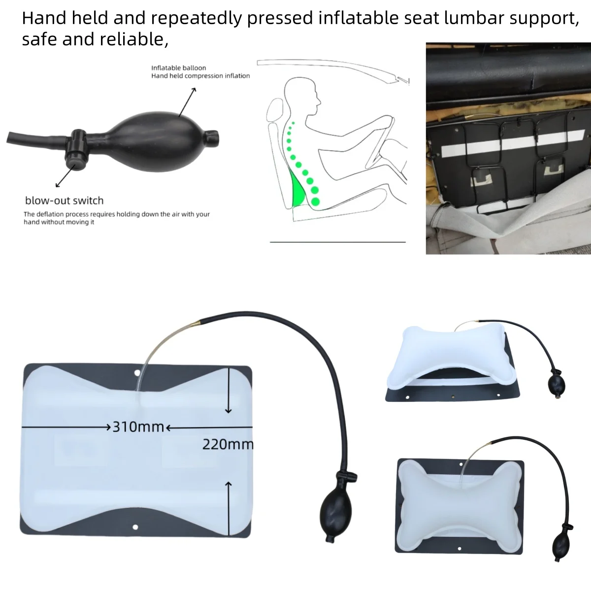 Automobiles Car Air Bladder Inflatable Seat Lumbar Support Hand Pump Car Interior Seat Comfort Supports for RV Van Race Auto