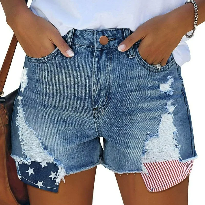 

New Ripped Handmade Fringed Jeans Pocket Print Summer Street Fashion Denim Casual Shorts Women