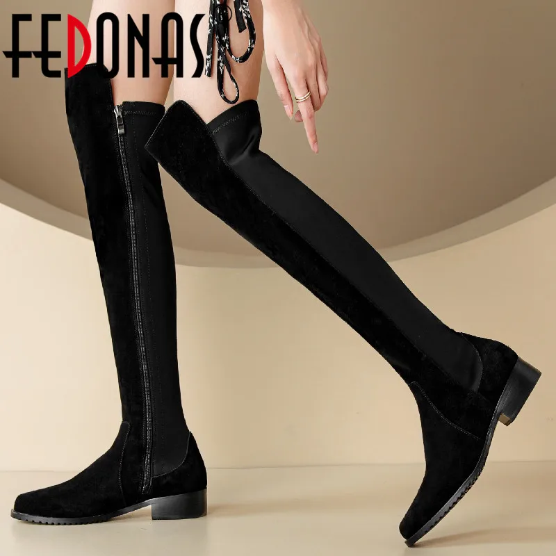 FEDONAS New Arrival Women Over The Knee High Boots Low Heels Splicing Cow Suede Leather Stretch Boots Shoes Woman Autumn Winter