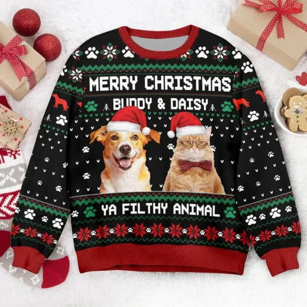 Funny animal graphics Christmas Ugly Christmas sweater Fashion Pet Cat Dog Sweatshirt for women Clothes Christmas Boy Children G