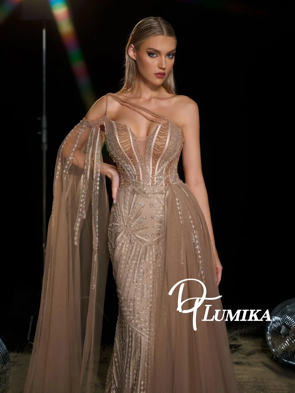 

Vintage Nude Corset Back Mermaid Evening Gown With Tulle Shawl Crystals Beads Embellished Formal Dress For Gala Party 2026